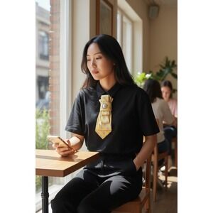 Yellow Patterned Necktie Necklace with Pearl Brooch on a‎ string of faux pearls